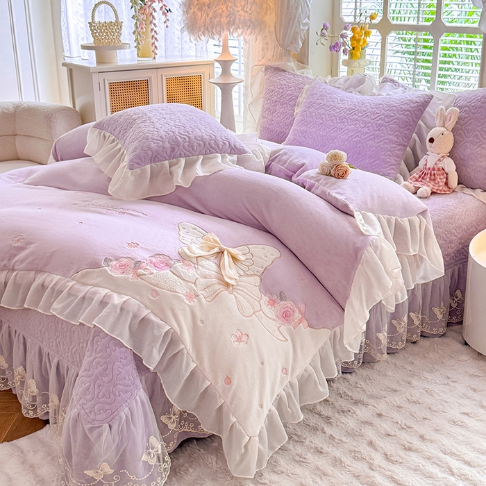 绒棉世家 2025秋冬新款A类加厚牛奶绒花边床盖款床裙四件套-浪漫蝴蝶结 浪漫蝴蝶结-紫