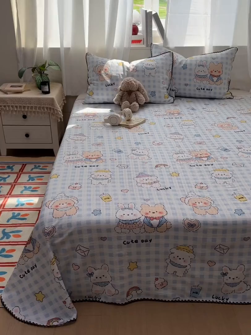 91家纺网 家纺一手货源 找家纺 优卡迪家纺馆 2025新款皱皱棉小花边床单（下载文件包含买家秀） 萌动