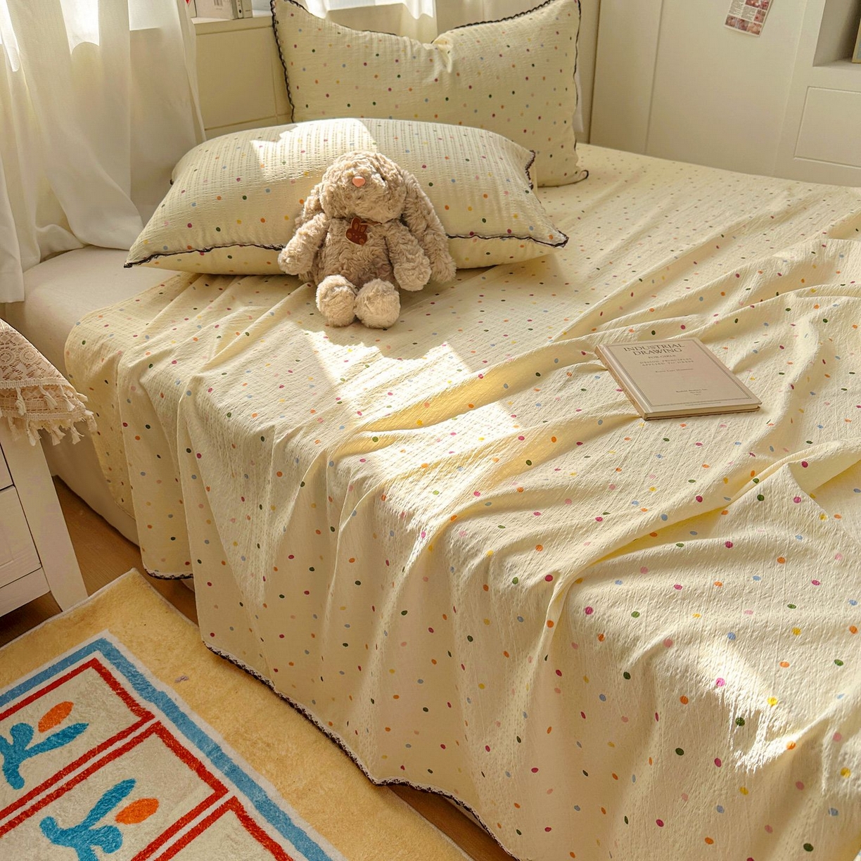 优卡迪家纺馆 2025新款皱皱棉小花边床单（下载文件包含买家秀） 奶油波点