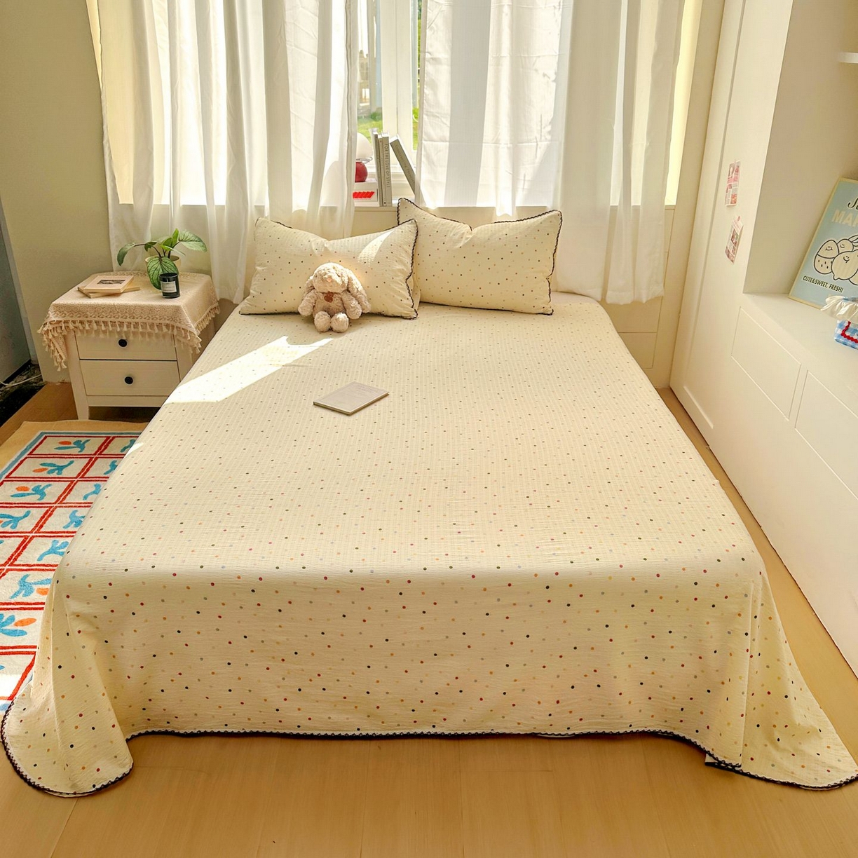 91家纺网 家纺一手货源 找家纺 优卡迪家纺馆 2025新款皱皱棉小花边床单（下载文件包含买家秀） 奶油波点