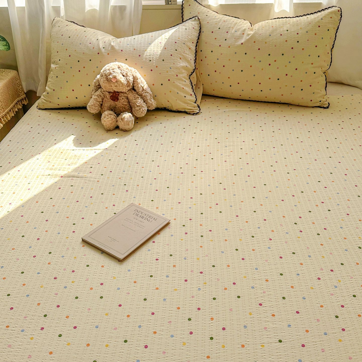 91家纺网 家纺一手货源 找家纺 优卡迪家纺馆 2025新款皱皱棉小花边床单（下载文件包含买家秀） 奶油波点