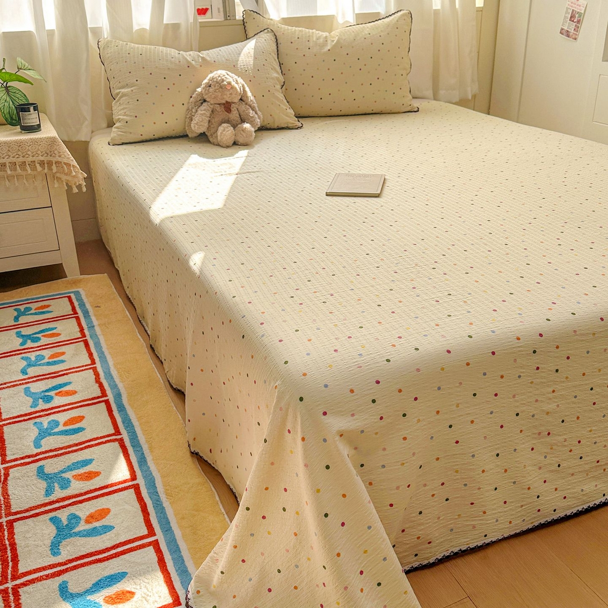 91家纺网 家纺一手货源 找家纺 优卡迪家纺馆 2025新款皱皱棉小花边床单（下载文件包含买家秀） 奶油波点