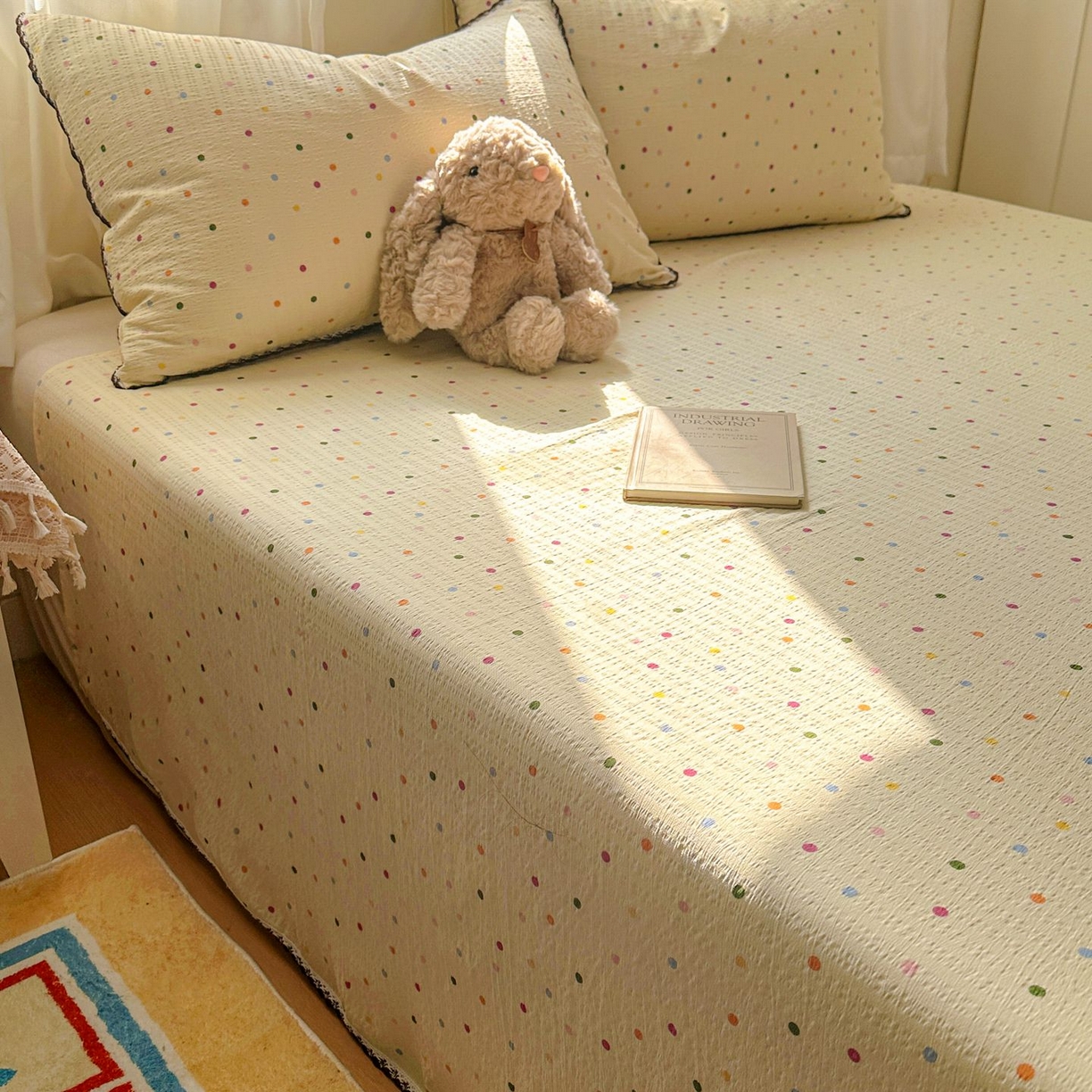 91家纺网 家纺一手货源 找家纺 优卡迪家纺馆 2025新款皱皱棉小花边床单（下载文件包含买家秀） 奶油波点