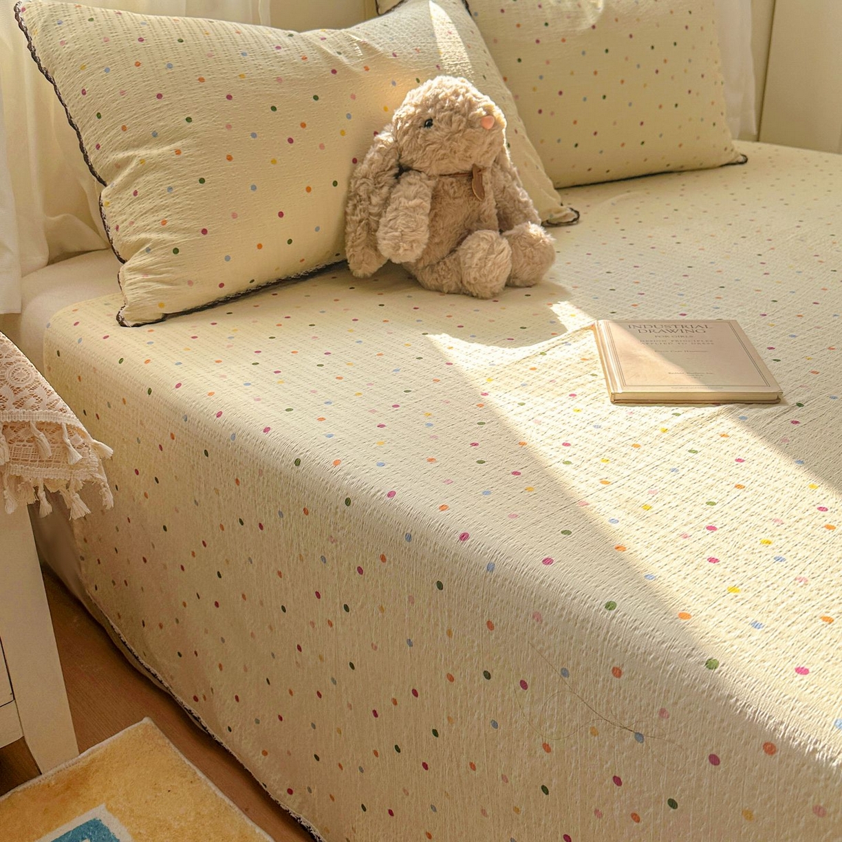 91家纺网 家纺一手货源 找家纺 优卡迪家纺馆 2025新款皱皱棉小花边床单（下载文件包含买家秀） 奶油波点