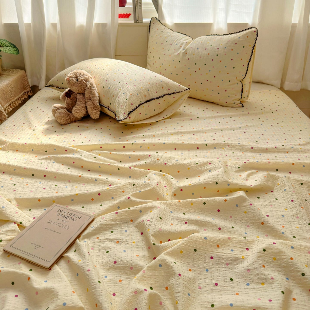 91家纺网 家纺一手货源 找家纺 优卡迪家纺馆 2025新款皱皱棉小花边床单（下载文件包含买家秀） 奶油波点