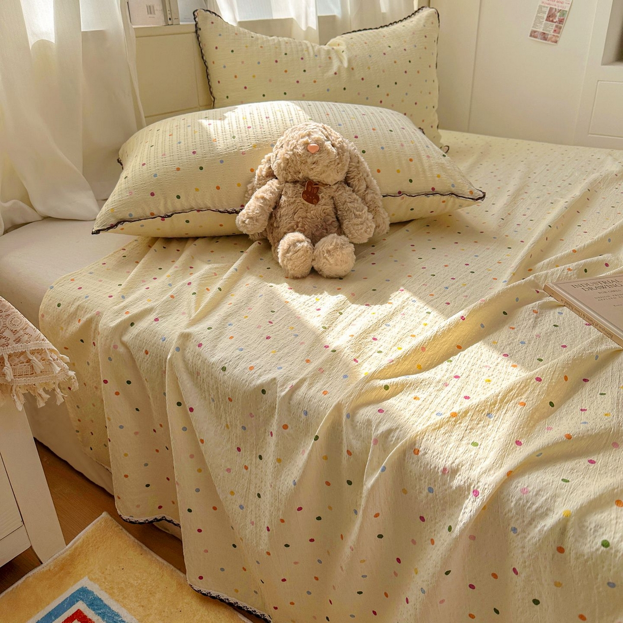 91家纺网 家纺一手货源 找家纺 优卡迪家纺馆 2025新款皱皱棉小花边床单（下载文件包含买家秀） 奶油波点