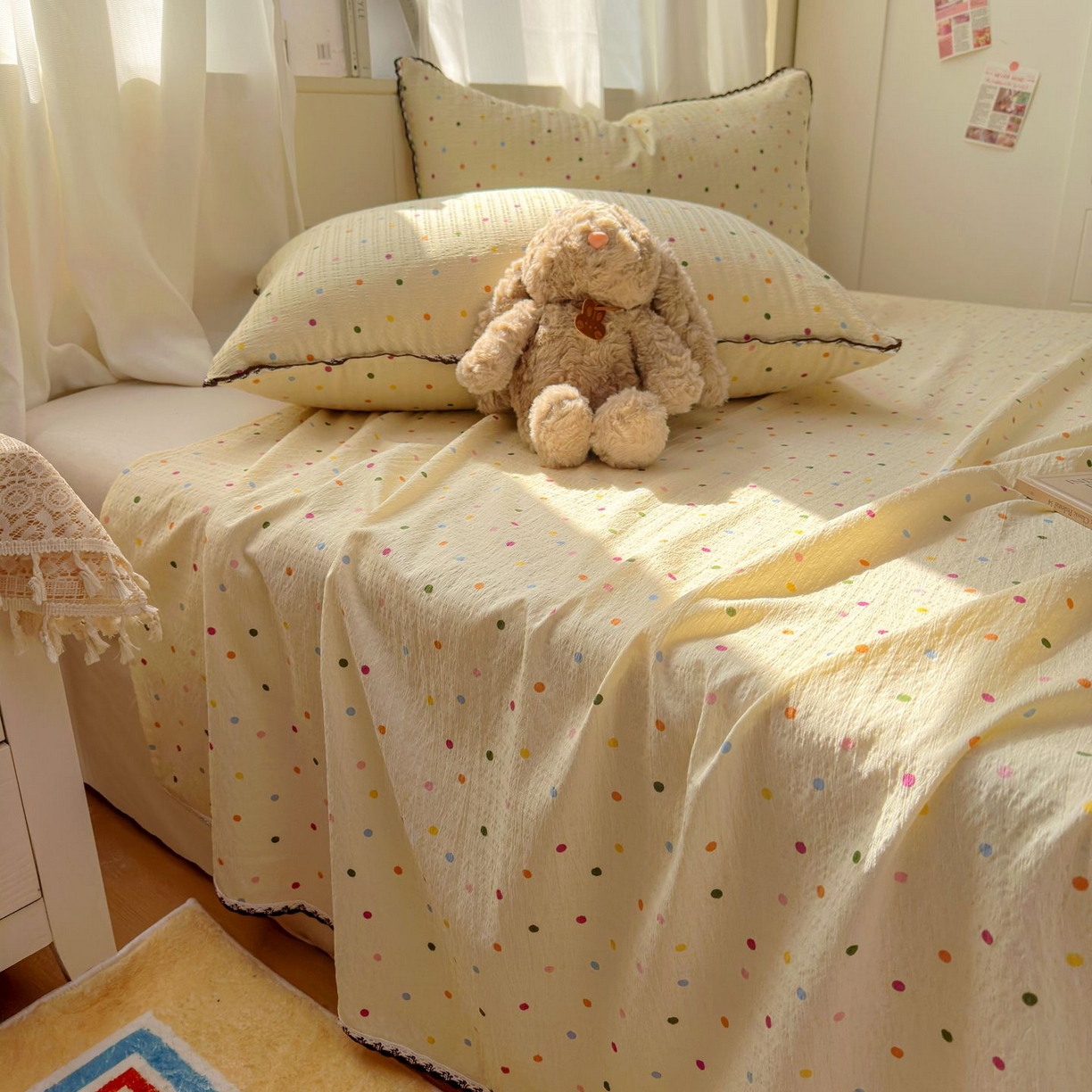 91家纺网 家纺一手货源 找家纺 优卡迪家纺馆 2025新款皱皱棉小花边床单（下载文件包含买家秀） 奶油波点