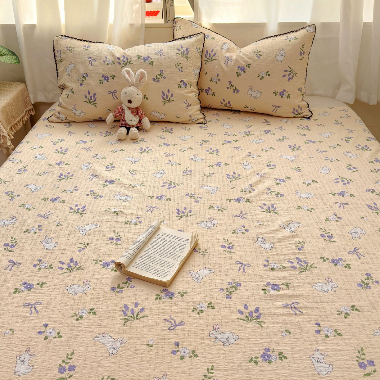 91家纺网 家纺一手货源 找家纺 优卡迪家纺馆 2025新款皱皱棉小花边床单（下载文件包含买家秀） 清晨