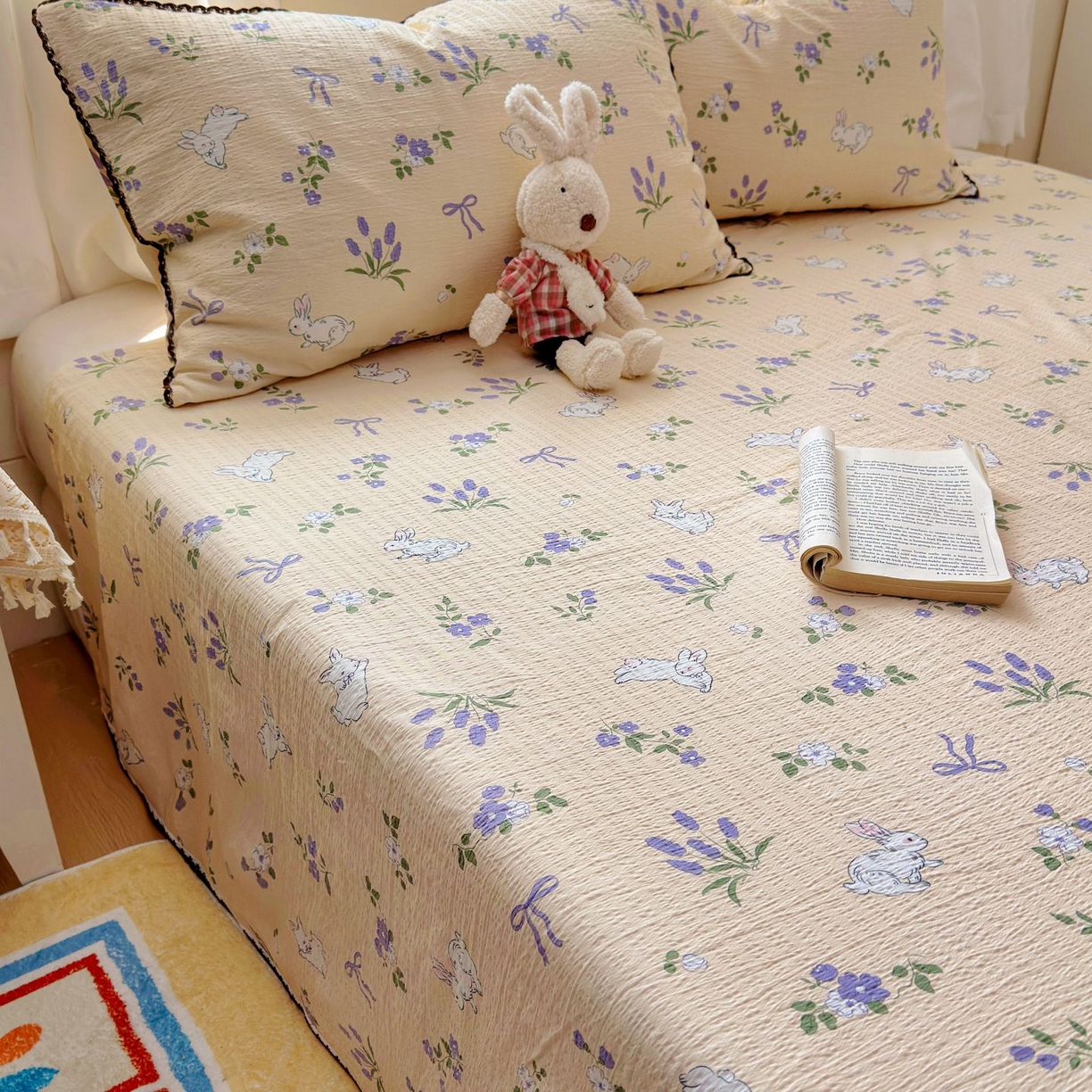 91家纺网 家纺一手货源 找家纺 优卡迪家纺馆 2025新款皱皱棉小花边床单（下载文件包含买家秀） 清晨