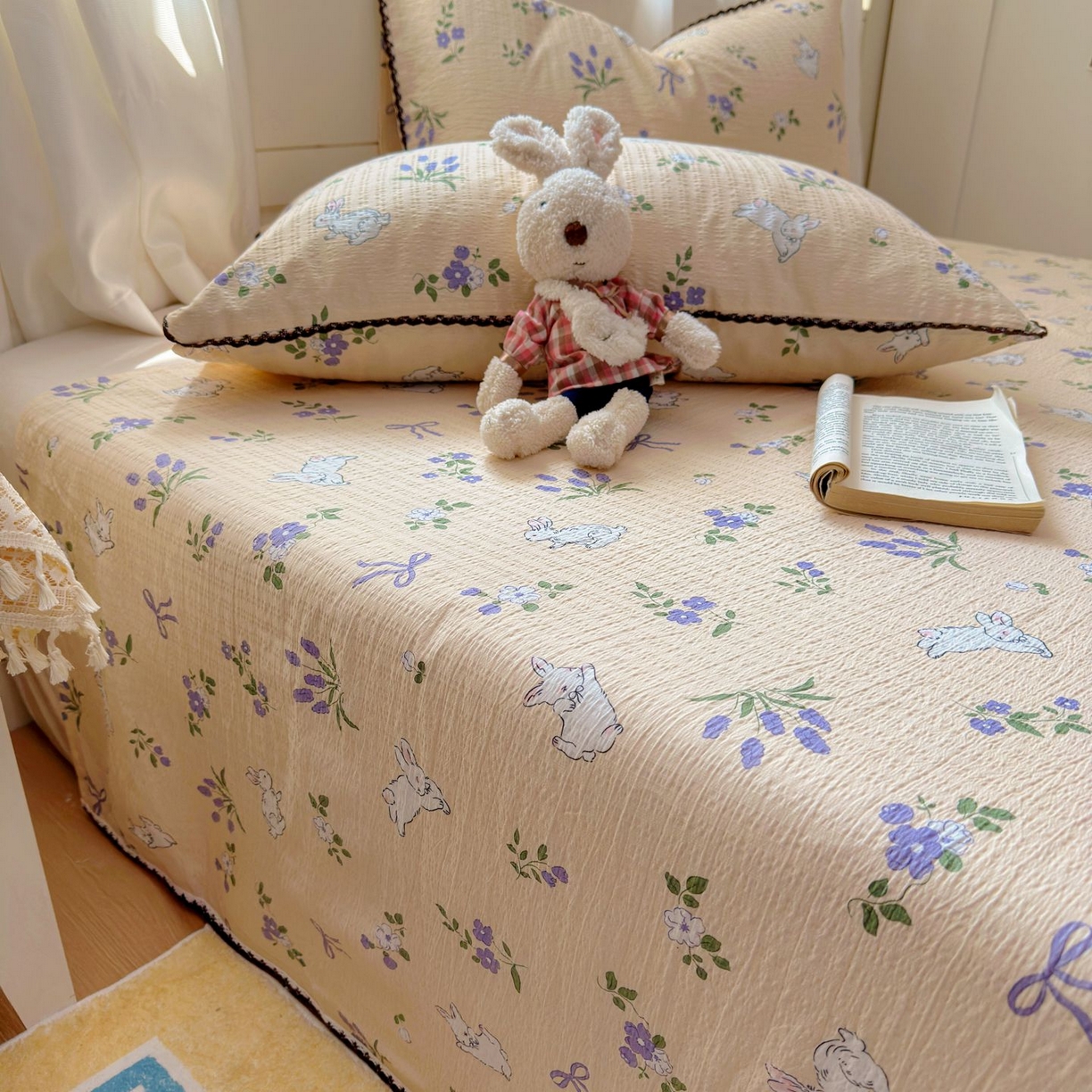 91家纺网 家纺一手货源 找家纺 优卡迪家纺馆 2025新款皱皱棉小花边床单（下载文件包含买家秀） 清晨