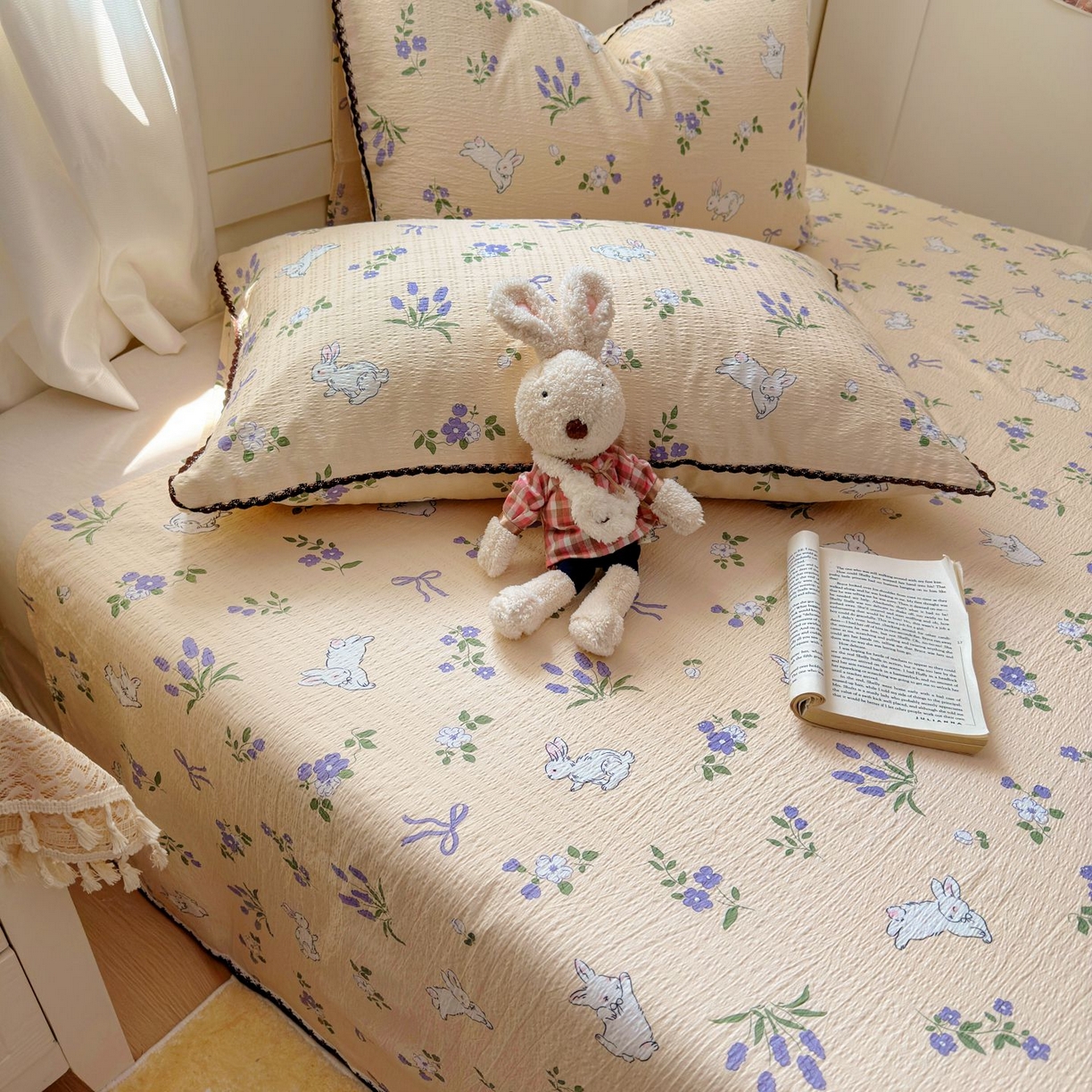 91家纺网 家纺一手货源 找家纺 优卡迪家纺馆 2025新款皱皱棉小花边床单（下载文件包含买家秀） 清晨