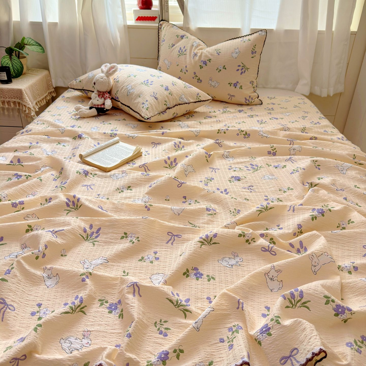 91家纺网 家纺一手货源 找家纺 优卡迪家纺馆 2025新款皱皱棉小花边床单（下载文件包含买家秀） 清晨