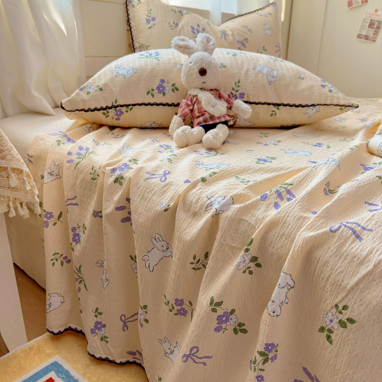 91家纺网 家纺一手货源 找家纺 优卡迪家纺馆 2025新款皱皱棉小花边床单（下载文件包含买家秀） 清晨