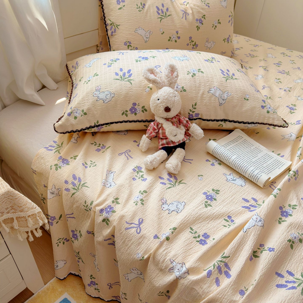 91家纺网 家纺一手货源 找家纺 优卡迪家纺馆 2025新款皱皱棉小花边床单（下载文件包含买家秀） 清晨