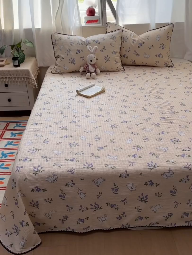 91家纺网 家纺一手货源 找家纺 优卡迪家纺馆 2025新款皱皱棉小花边床单（下载文件包含买家秀） 清晨
