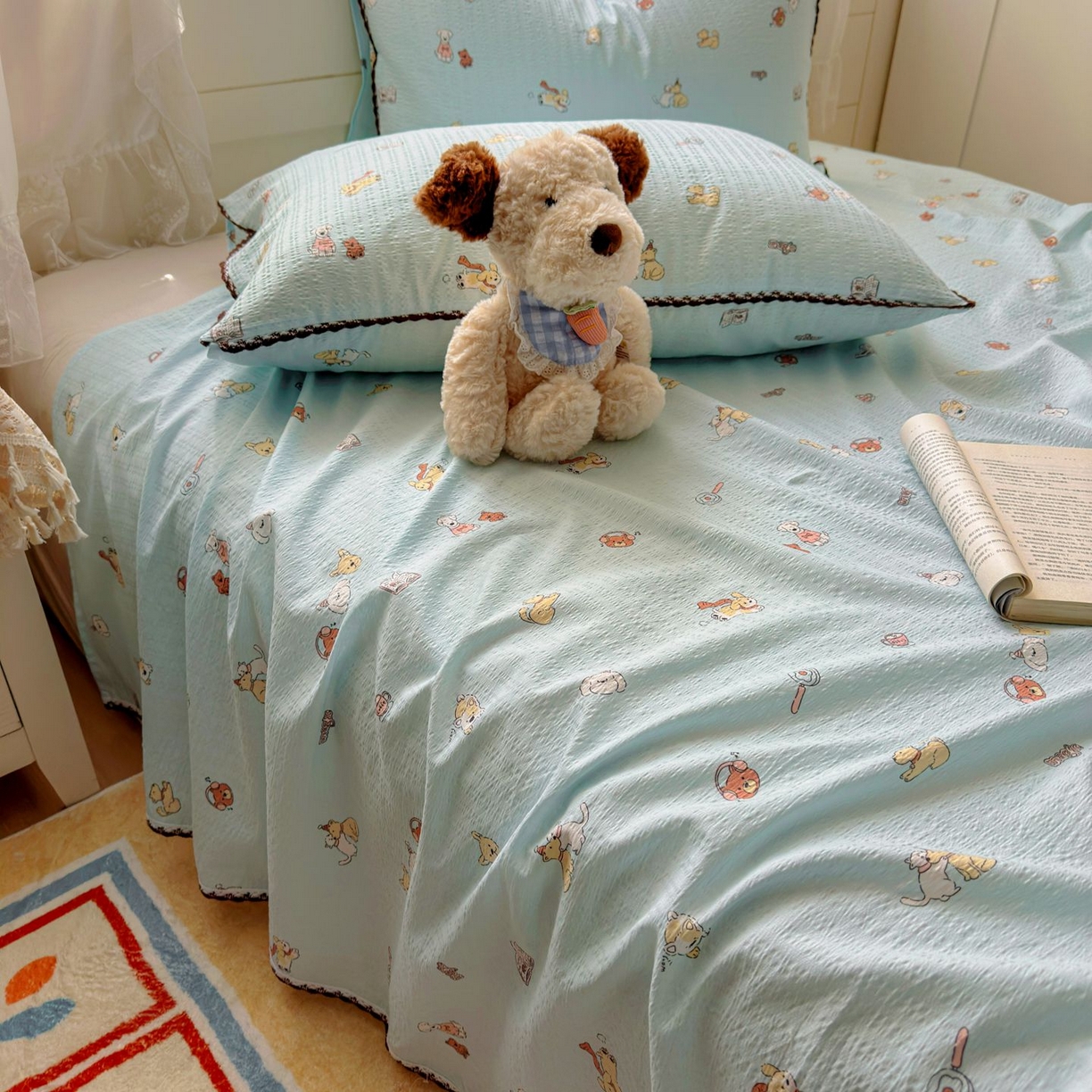 优卡迪家纺馆 2025新款皱皱棉小花边床单（下载文件包含买家秀） 顽皮汪汪