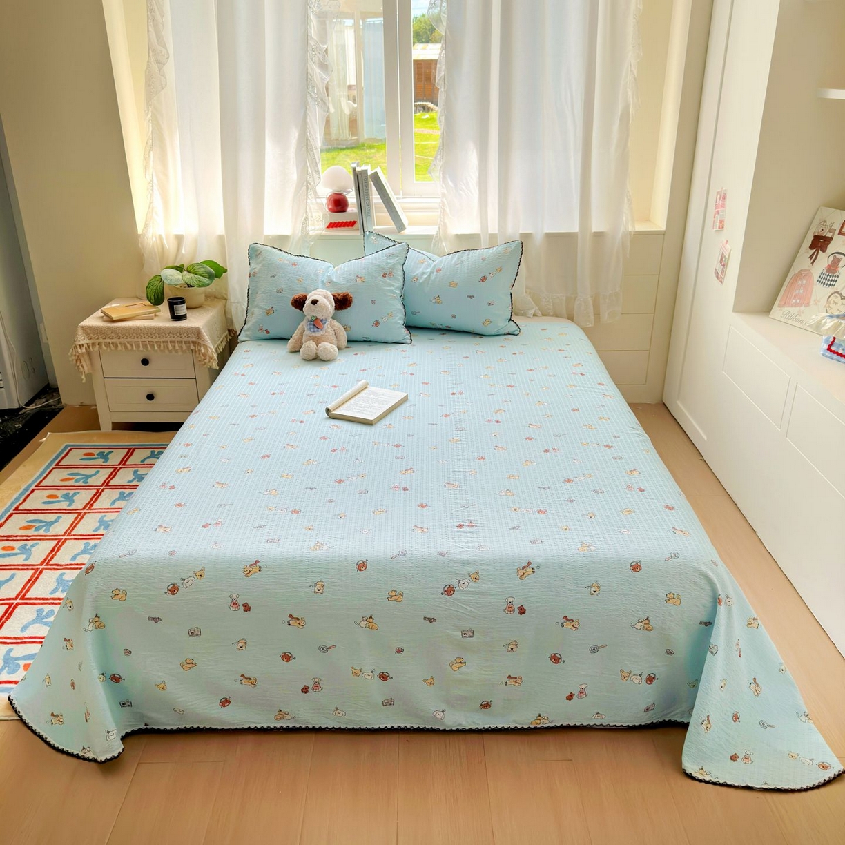 91家纺网 家纺一手货源 找家纺 优卡迪家纺馆 2025新款皱皱棉小花边床单（下载文件包含买家秀） 顽皮汪汪