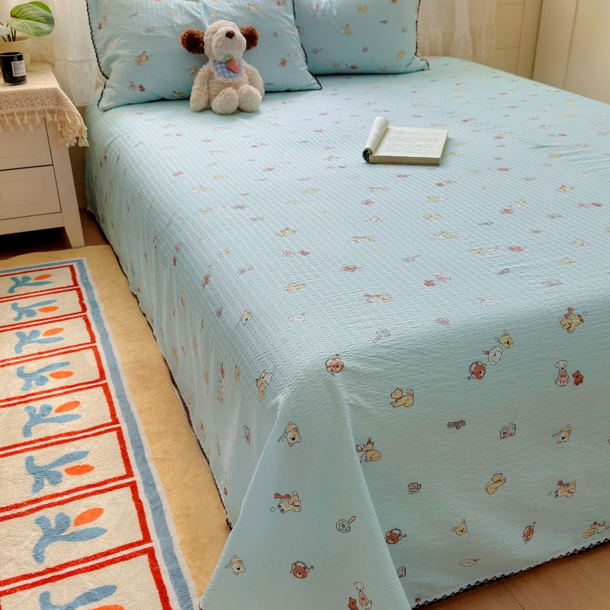 91家纺网 家纺一手货源 找家纺 优卡迪家纺馆 2025新款皱皱棉小花边床单（下载文件包含买家秀） 顽皮汪汪