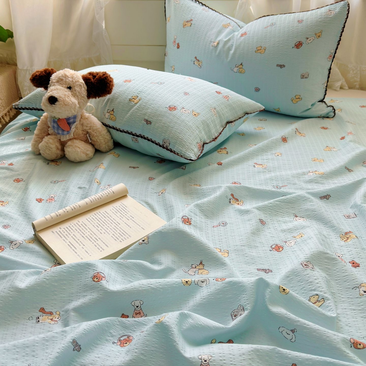 91家纺网 家纺一手货源 找家纺 优卡迪家纺馆 2025新款皱皱棉小花边床单（下载文件包含买家秀） 顽皮汪汪