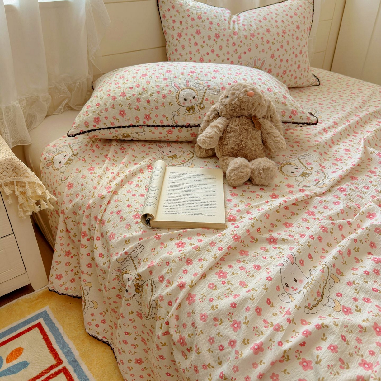 优卡迪家纺馆 2025新款皱皱棉小花边床单（下载文件包含买家秀） 相见欢