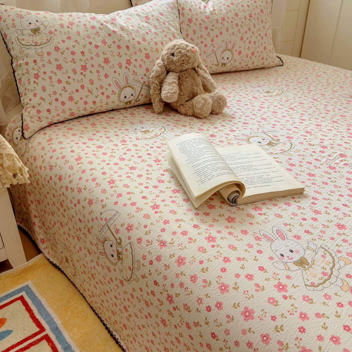 91家纺网 家纺一手货源 找家纺 优卡迪家纺馆 2025新款皱皱棉小花边床单（下载文件包含买家秀） 相见欢