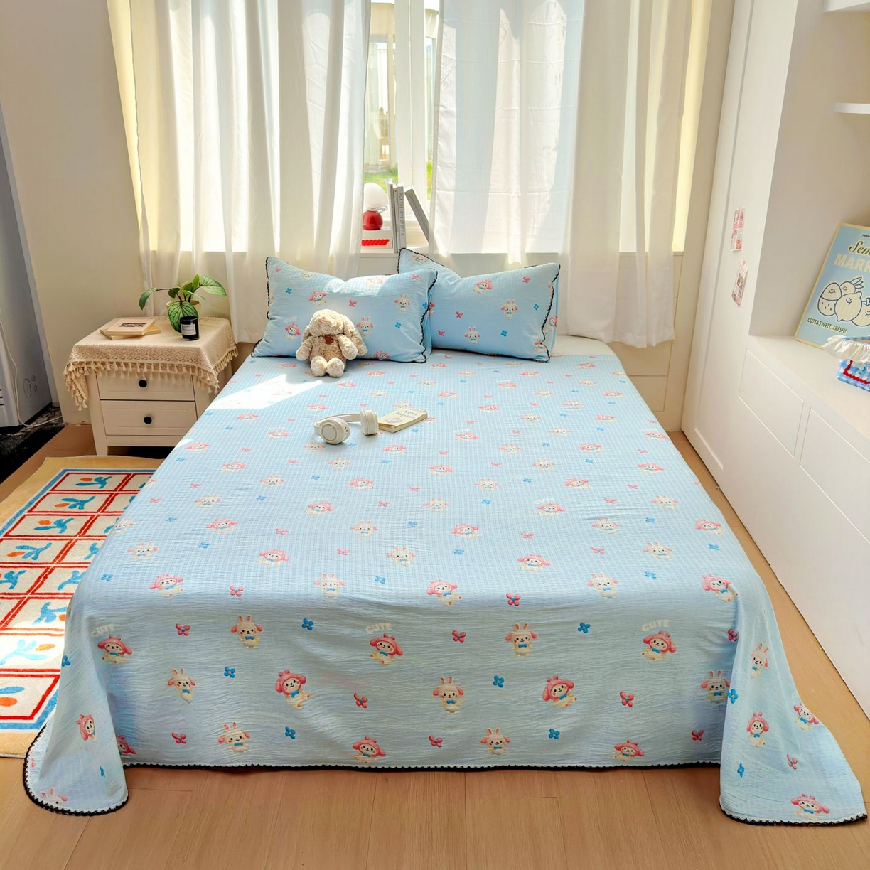 91家纺网 家纺一手货源 找家纺 优卡迪家纺馆 2025新款皱皱棉小花边床单（下载文件包含买家秀） 小精灵