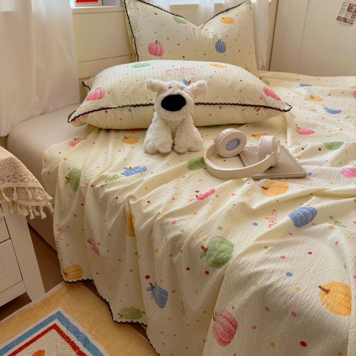 优卡迪家纺馆 2025新款皱皱棉小花边床单（下载文件包含买家秀） 炫彩南瓜