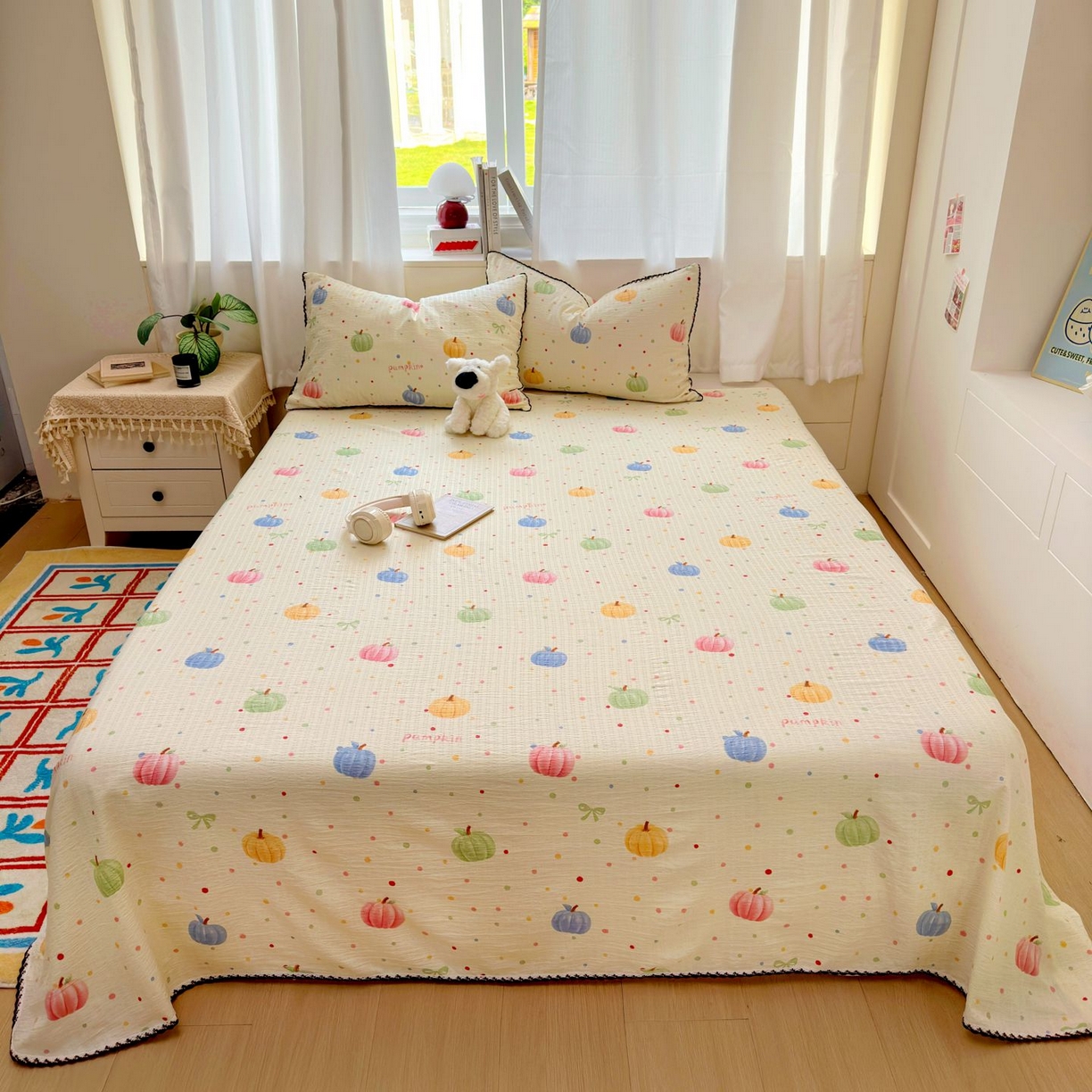 91家纺网 家纺一手货源 找家纺 优卡迪家纺馆 2025新款皱皱棉小花边床单（下载文件包含买家秀） 炫彩南瓜