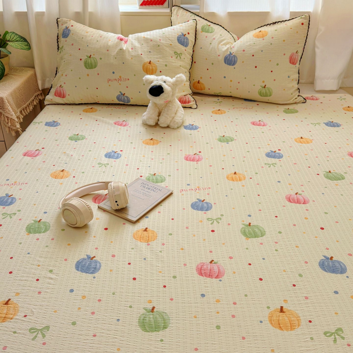 91家纺网 家纺一手货源 找家纺 优卡迪家纺馆 2025新款皱皱棉小花边床单（下载文件包含买家秀） 炫彩南瓜