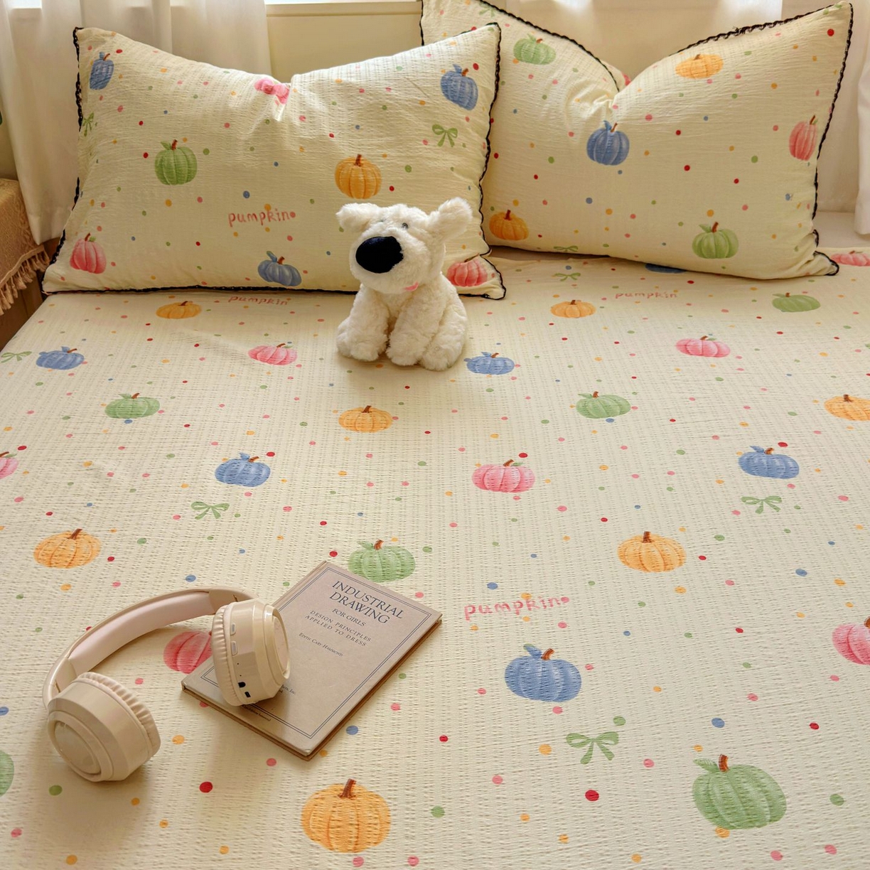 91家纺网 家纺一手货源 找家纺 优卡迪家纺馆 2025新款皱皱棉小花边床单（下载文件包含买家秀） 炫彩南瓜