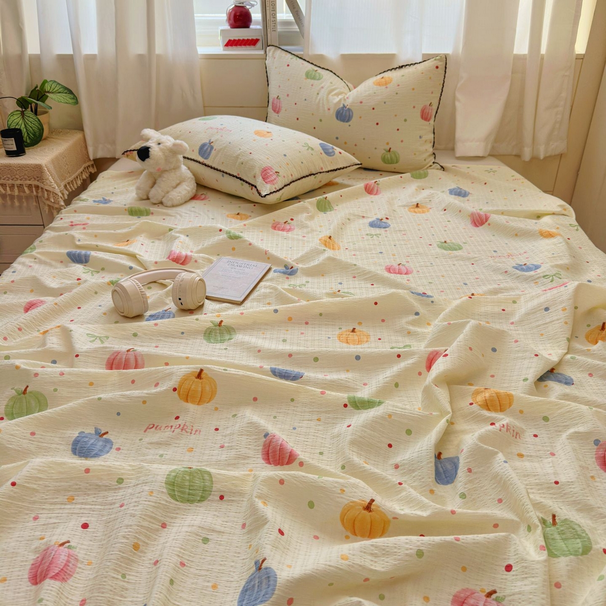 91家纺网 家纺一手货源 找家纺 优卡迪家纺馆 2025新款皱皱棉小花边床单（下载文件包含买家秀） 炫彩南瓜