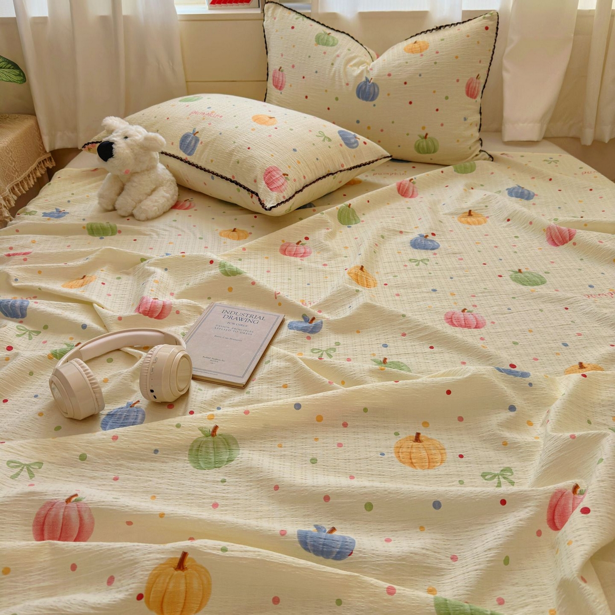 91家纺网 家纺一手货源 找家纺 优卡迪家纺馆 2025新款皱皱棉小花边床单（下载文件包含买家秀） 炫彩南瓜