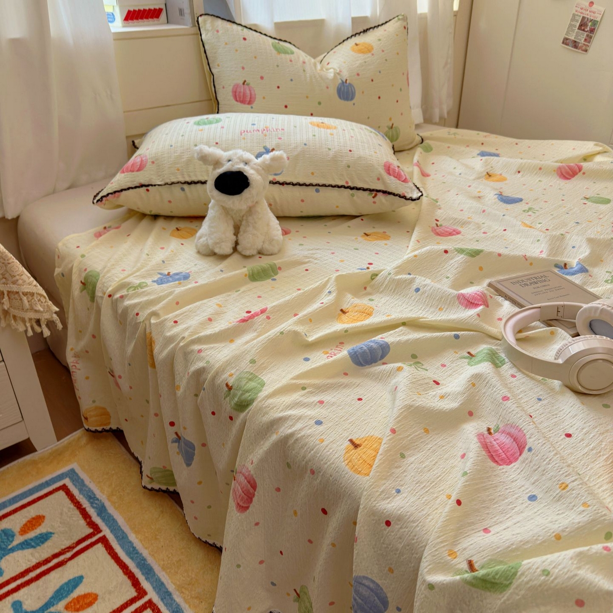 91家纺网 家纺一手货源 找家纺 优卡迪家纺馆 2025新款皱皱棉小花边床单（下载文件包含买家秀） 炫彩南瓜