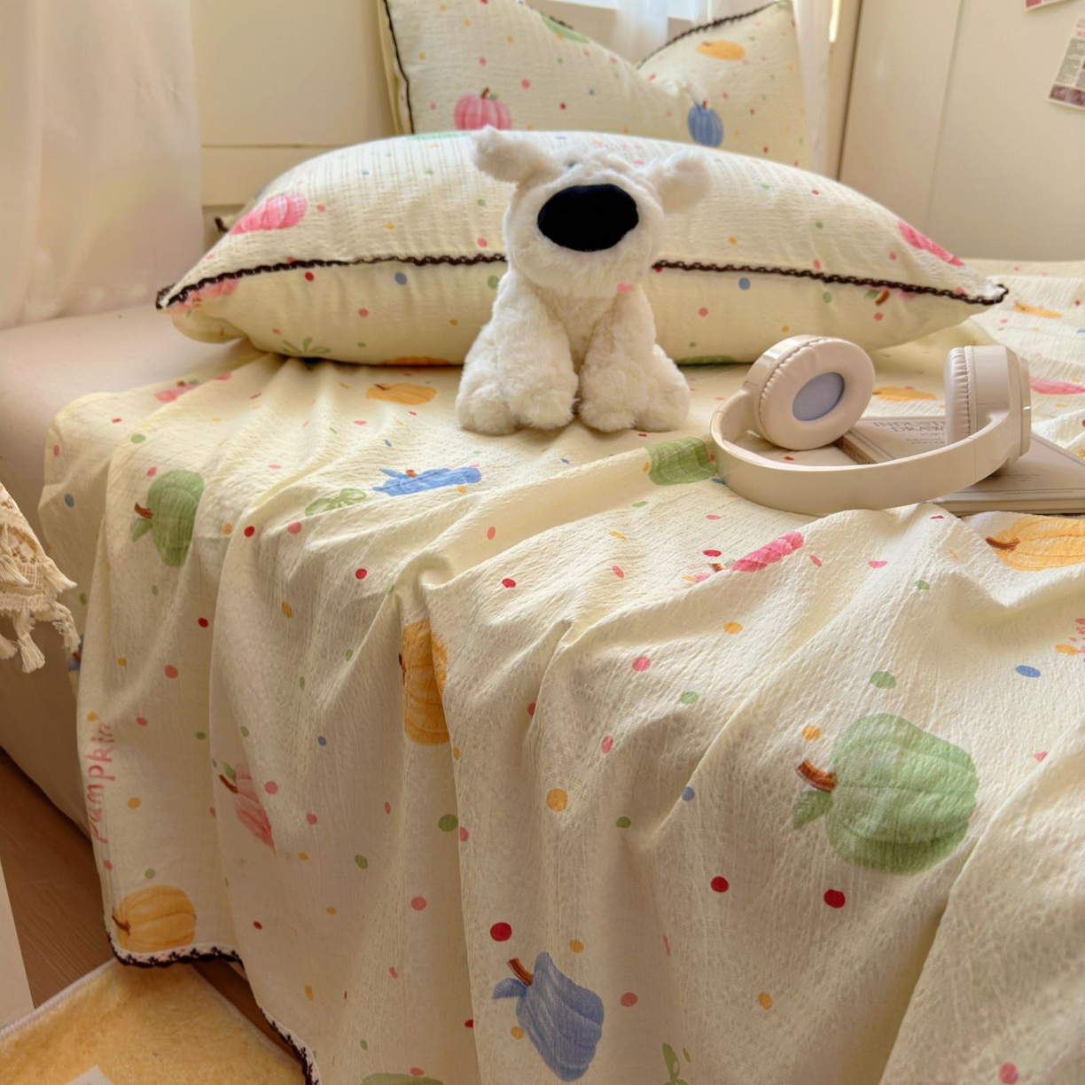 91家纺网 家纺一手货源 找家纺 优卡迪家纺馆 2025新款皱皱棉小花边床单（下载文件包含买家秀） 炫彩南瓜