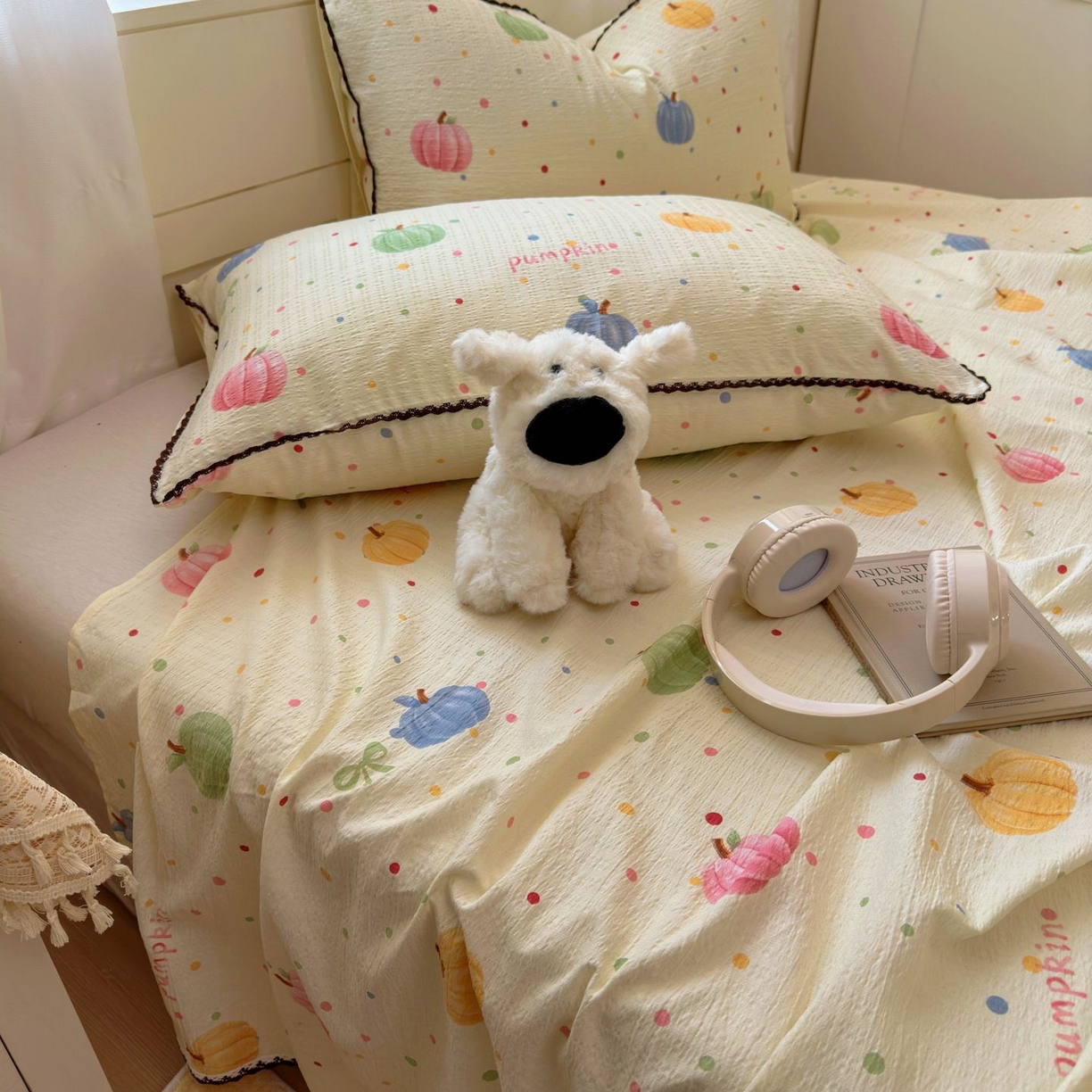 91家纺网 家纺一手货源 找家纺 优卡迪家纺馆 2025新款皱皱棉小花边床单（下载文件包含买家秀） 炫彩南瓜