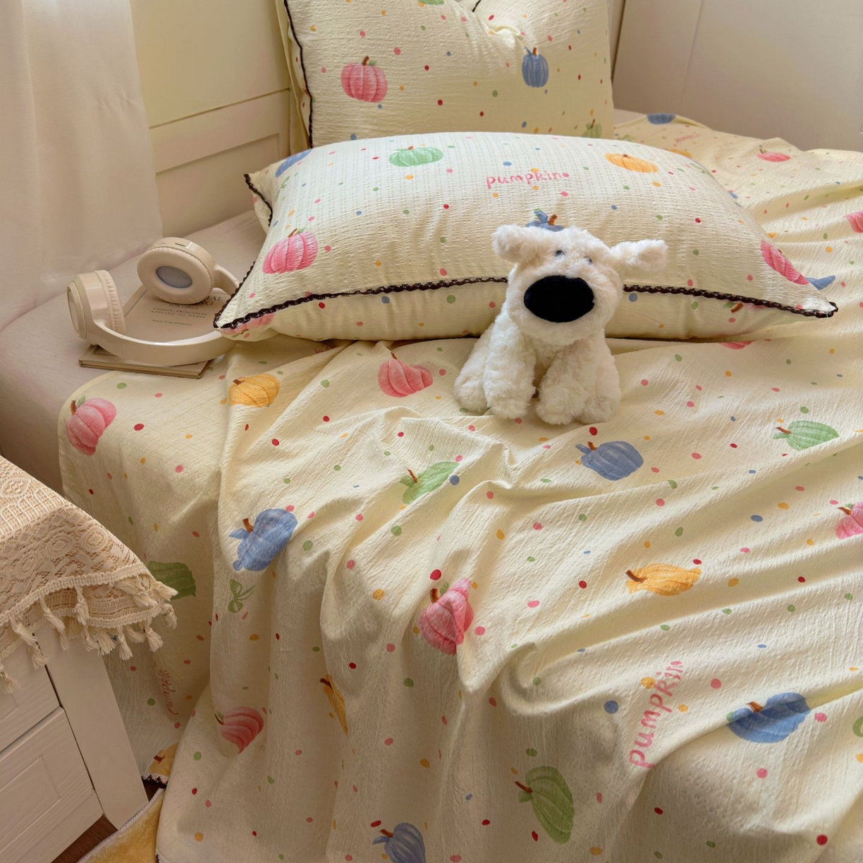 91家纺网 家纺一手货源 找家纺 优卡迪家纺馆 2025新款皱皱棉小花边床单（下载文件包含买家秀） 炫彩南瓜