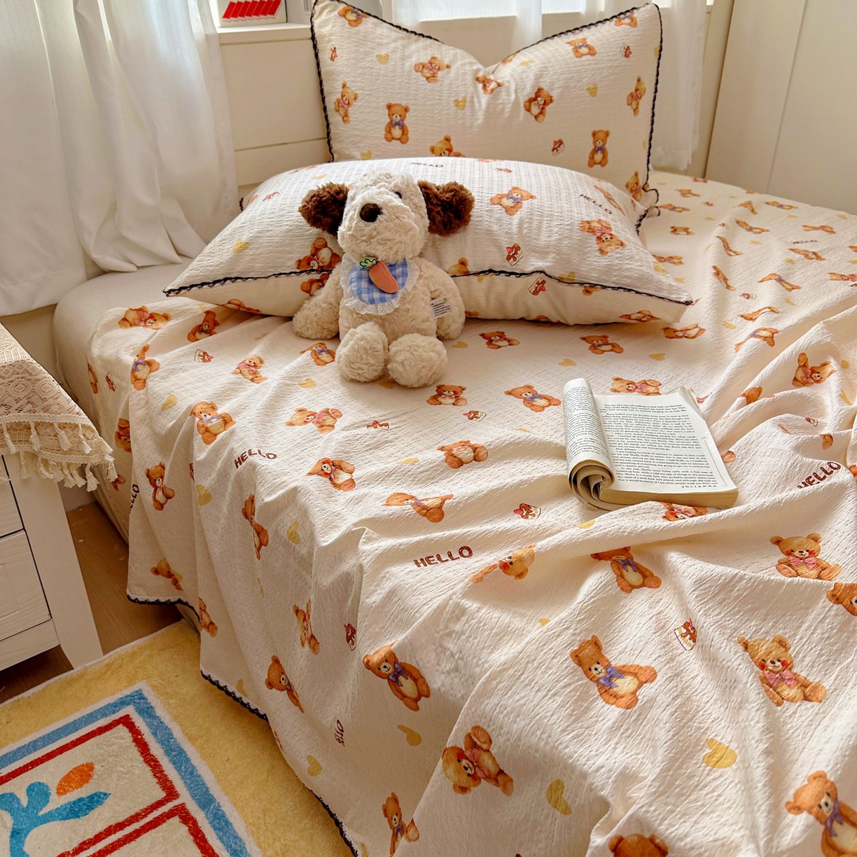 优卡迪家纺馆 2025新款皱皱棉小花边床单（下载文件包含买家秀） 元气小熊