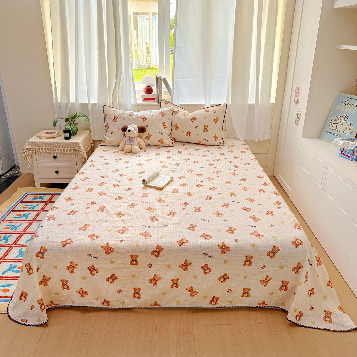 91家纺网 家纺一手货源 找家纺 优卡迪家纺馆 2025新款皱皱棉小花边床单（下载文件包含买家秀） 元气小熊