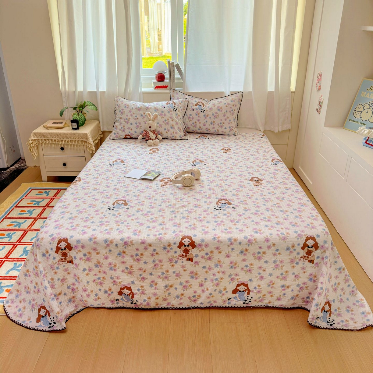 91家纺网 家纺一手货源 找家纺 优卡迪家纺馆 2025新款皱皱棉小花边床单（下载文件包含买家秀） 长相思