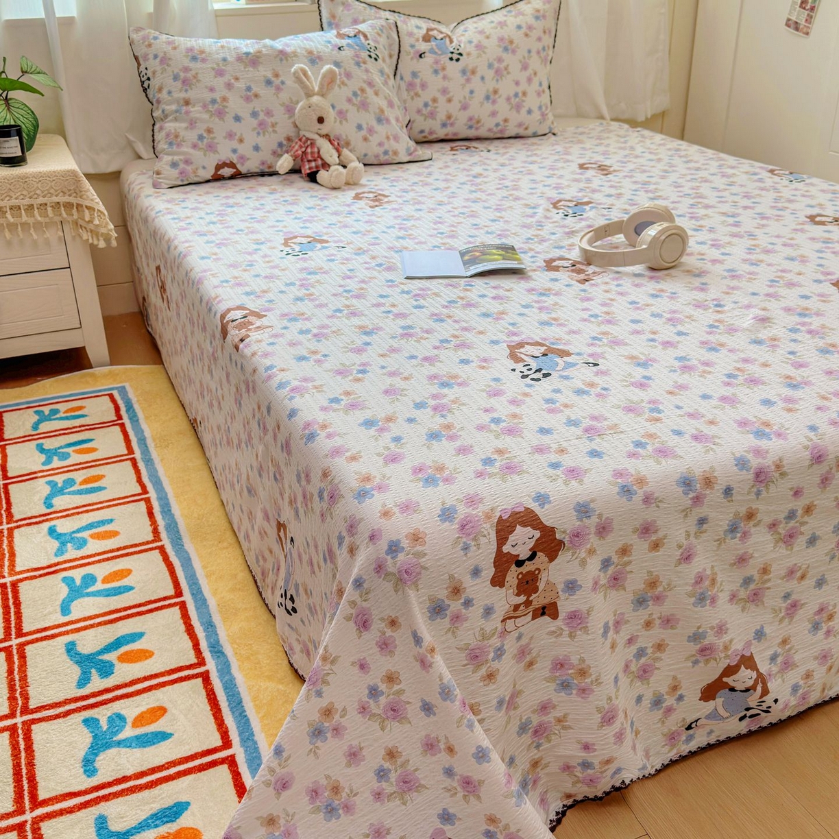 91家纺网 家纺一手货源 找家纺 优卡迪家纺馆 2025新款皱皱棉小花边床单（下载文件包含买家秀） 长相思