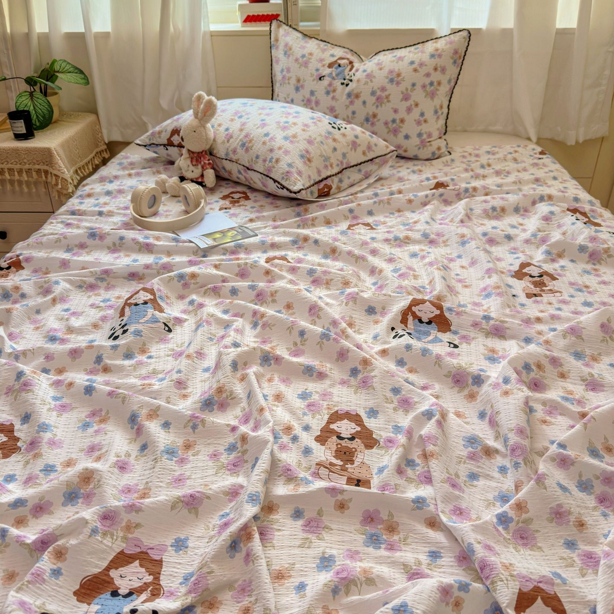 91家纺网 家纺一手货源 找家纺 优卡迪家纺馆 2025新款皱皱棉小花边床单（下载文件包含买家秀） 长相思