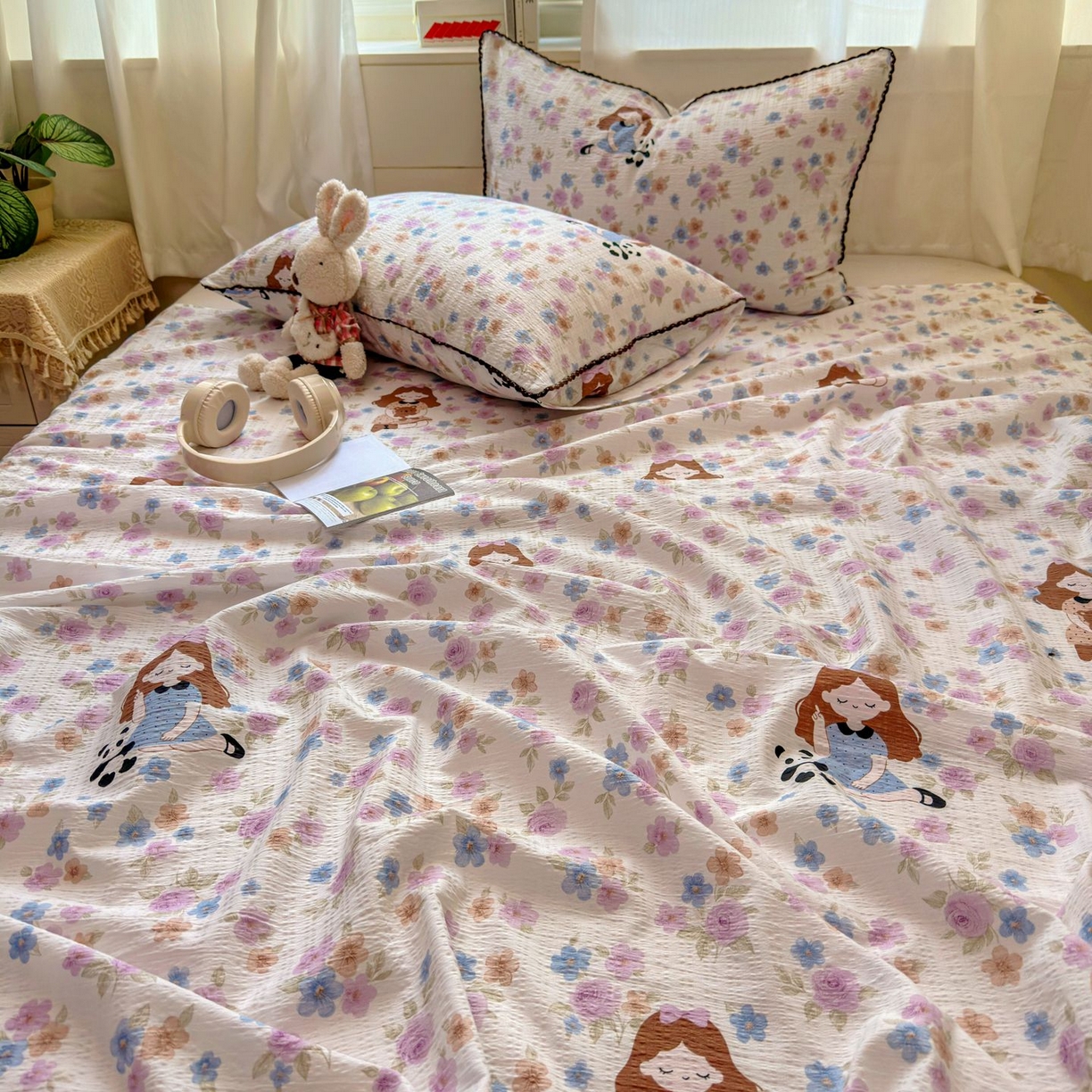 91家纺网 家纺一手货源 找家纺 优卡迪家纺馆 2025新款皱皱棉小花边床单（下载文件包含买家秀） 长相思