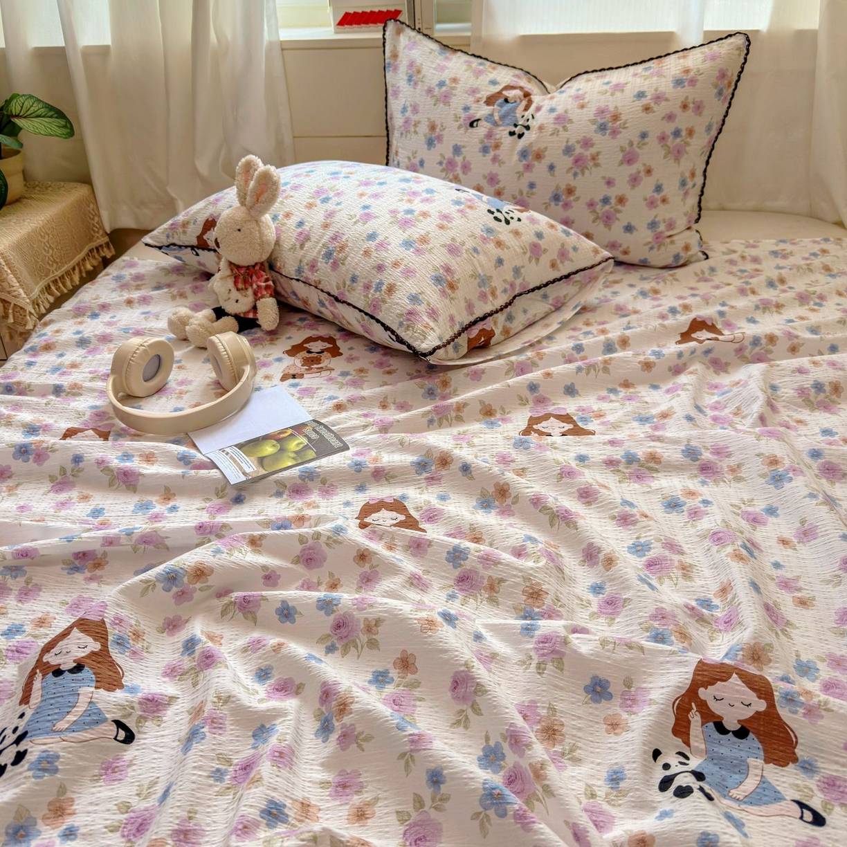 91家纺网 家纺一手货源 找家纺 优卡迪家纺馆 2025新款皱皱棉小花边床单（下载文件包含买家秀） 长相思