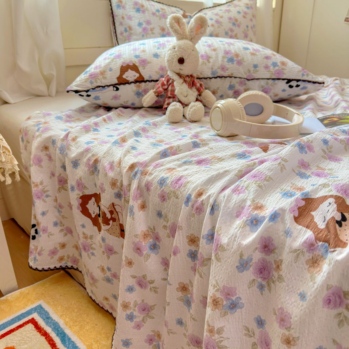 91家纺网 家纺一手货源 找家纺 优卡迪家纺馆 2025新款皱皱棉小花边床单（下载文件包含买家秀） 长相思