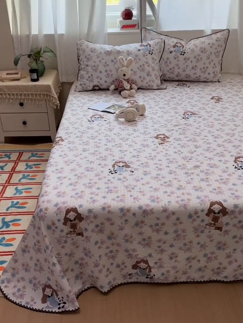 91家纺网 家纺一手货源 找家纺 优卡迪家纺馆 2025新款皱皱棉小花边床单（下载文件包含买家秀） 长相思