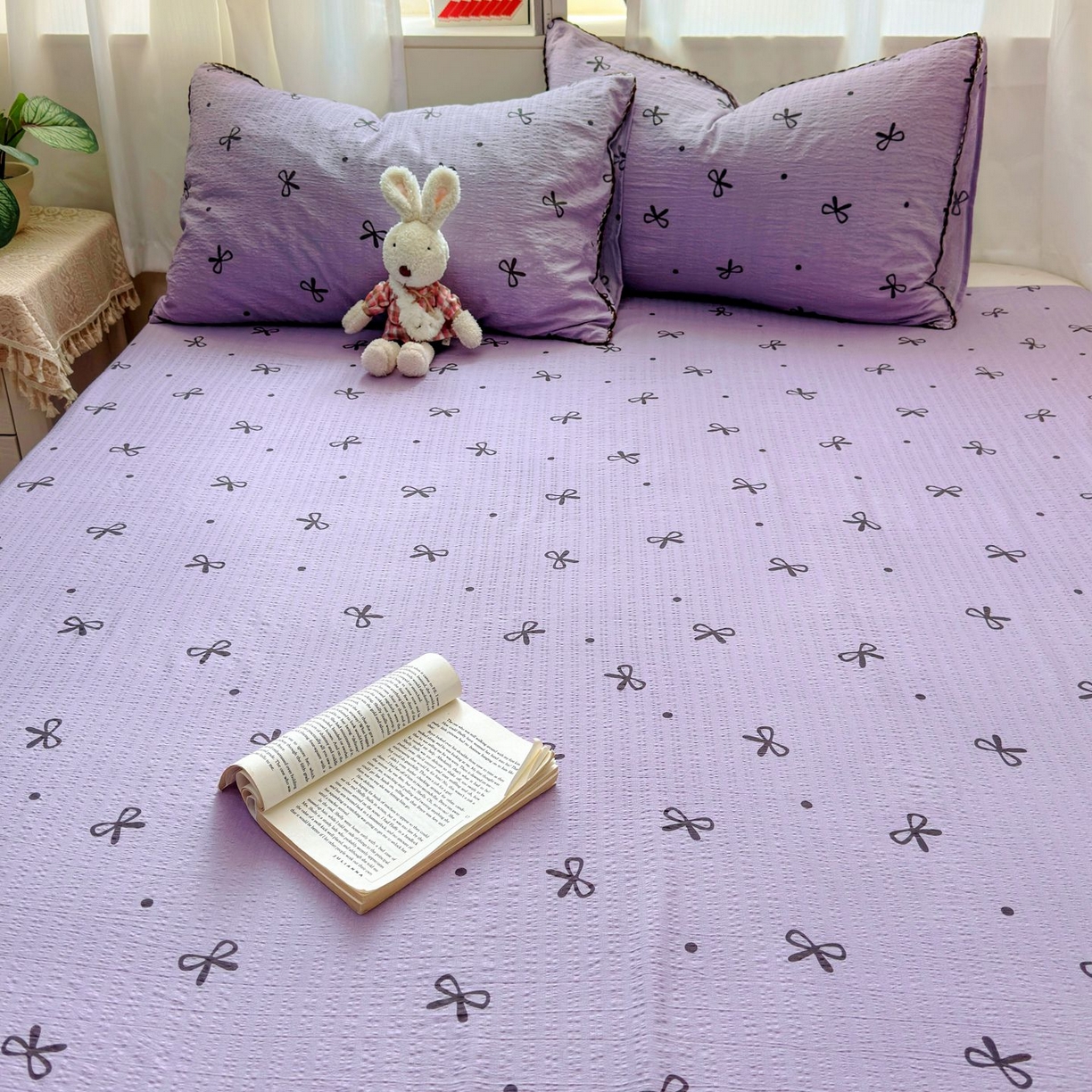 91家纺网 家纺一手货源 找家纺 优卡迪家纺馆 2025新款皱皱棉小花边床单（下载文件包含买家秀） 紫苏