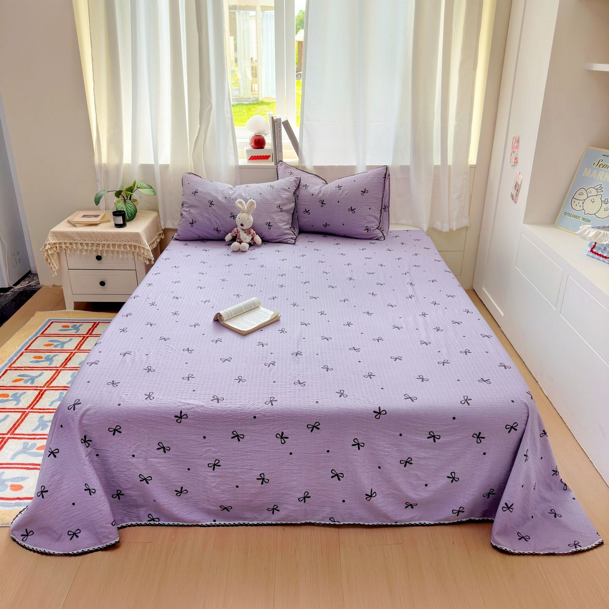 91家纺网 家纺一手货源 找家纺 优卡迪家纺馆 2025新款皱皱棉小花边床单（下载文件包含买家秀） 紫苏