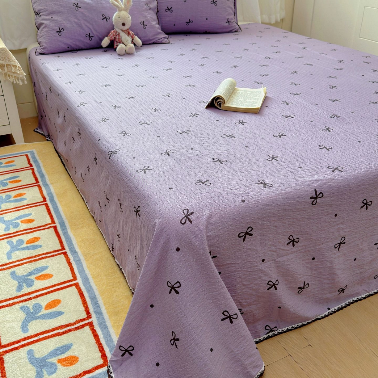 91家纺网 家纺一手货源 找家纺 优卡迪家纺馆 2025新款皱皱棉小花边床单（下载文件包含买家秀） 紫苏