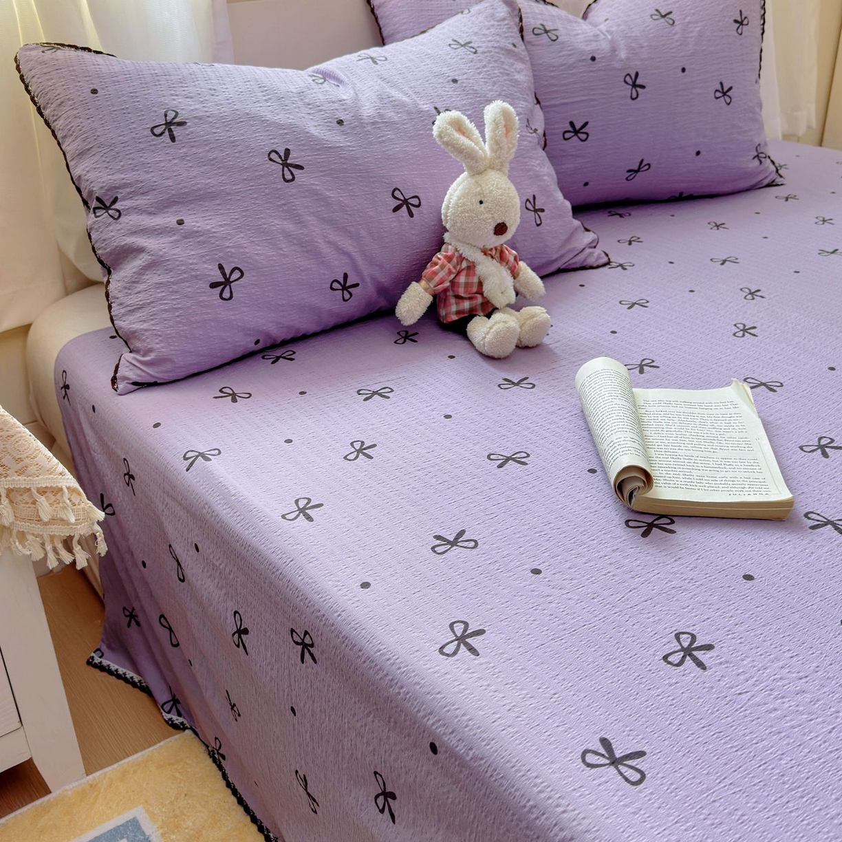 91家纺网 家纺一手货源 找家纺 优卡迪家纺馆 2025新款皱皱棉小花边床单（下载文件包含买家秀） 紫苏