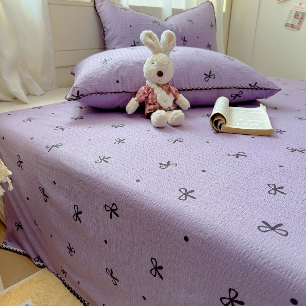 91家纺网 家纺一手货源 找家纺 优卡迪家纺馆 2025新款皱皱棉小花边床单（下载文件包含买家秀） 紫苏